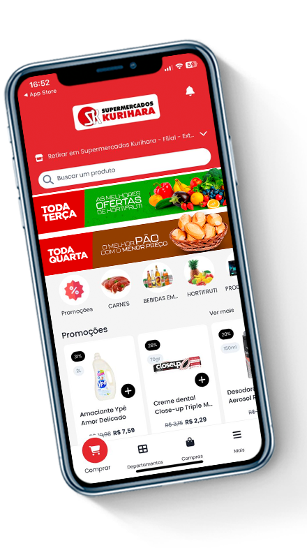 Aplicativo de delivery Kurihara aberto no celular